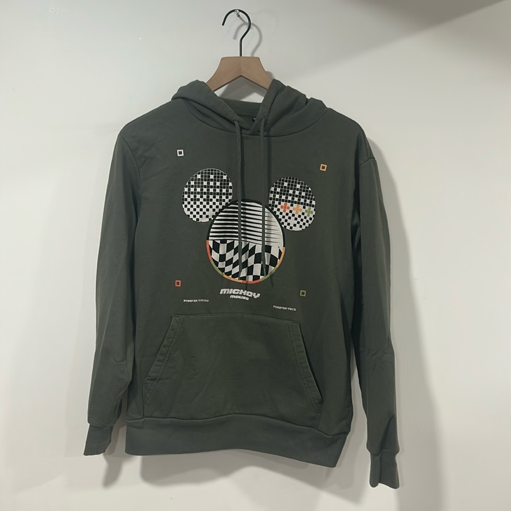 Mickey Mouse Adult M Olive Green Sweatshirt with Checkerboard Mouse.